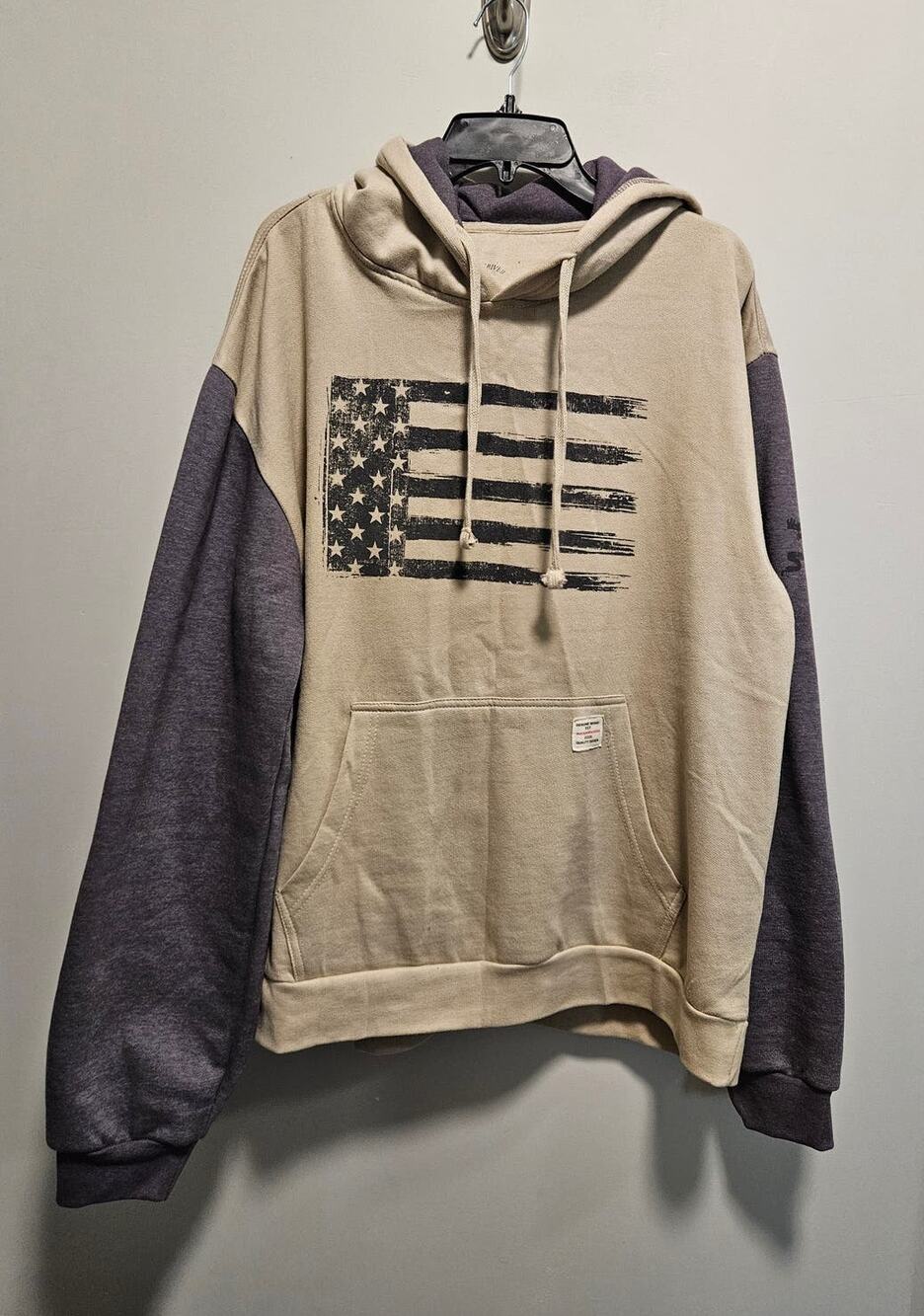 Men's Flag Hoodie Tan Blue Size XL Kangaroo Pocket Warm Soft Sweatshirt